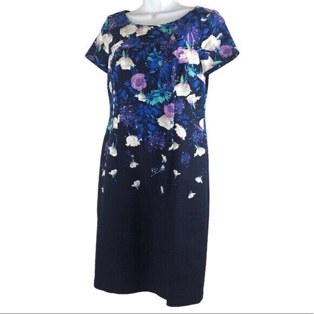 Talbots Floral Sheath Dress Blue Purple Short Sleeve Shift Women's Size 4 HW8743 - Picture 8 of 9